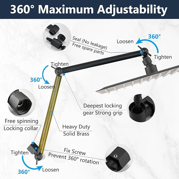 PDPBath All Metal 12" Rainfall Shower Head with 16" Upgrade Flexible Extension Arm, Shower Head with Handheld Combo,70" Extra Long Shower Hose, 3-Way Diverter,Matte Black