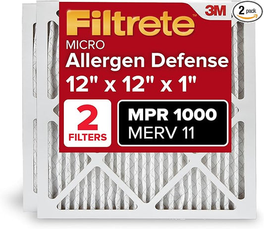 Filtrete 12x12x1 AC Furnace Air Filter, MERV 11, MPR 1000, Micro Allergen Defense, 3-Month Pleated 1-Inch Electrostatic Air Cleaning Filter, 2 Pack (Actual Size 11.81 x 11.81 x 0.81 in)