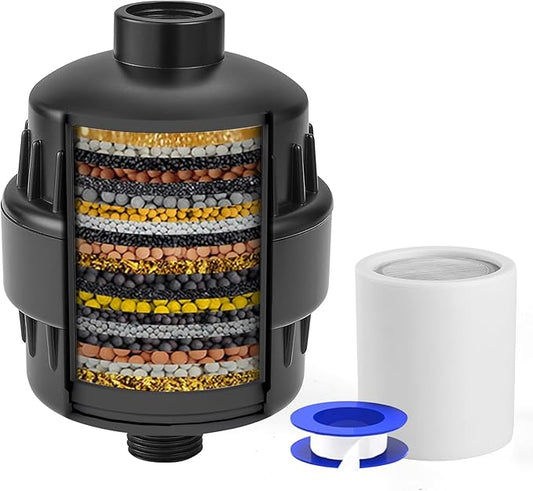 BESy HEAVY DUTY Filter for Hard Water High Output Shower Filtered Universal Multi-Stage Shower Head Filters for Removing Chlorine Improves The Condition of Your Skin Hair and Nails Matte Black
