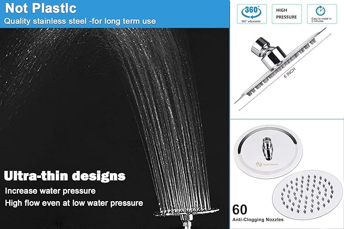 NearMoon Shower Head and 15 Stage Shower Filter Combo, High Pressure Filtered Shower for Hard Water, Improves the Condition of Your Skin, Hair (6 Inch, Chrome)