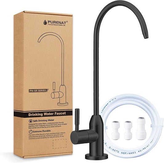 Drinking Water Faucet - Long Thread Stem Filtered Water Tap for Thick Countertop,Lead-Free RO Faucet with Hose and Push Connect Fittings(Matte Black)