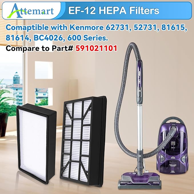 EF-12 HEPA Filter Replacement for Kenmore 62731, 52731, 81615, 81614, BC4026 Canister Vacuum Cleaners, Part #591021101, 2 Pack 600 Series Exhaust Filter for Kenmore