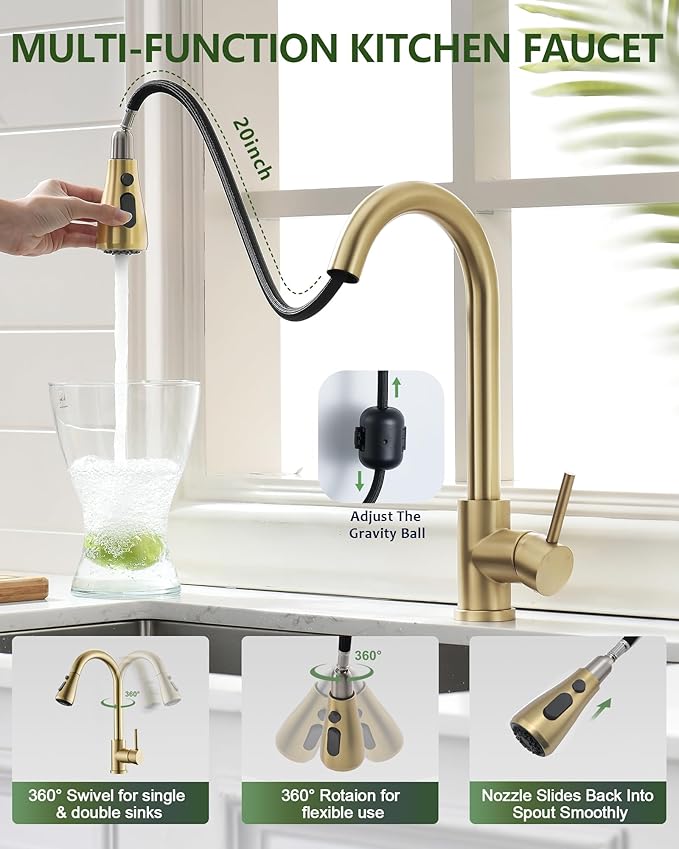 Gold Kitchen Faucet, Brass Kitchen Faucet with Pull Down Sprayer, Single Hole Stainless Steel Brushed Gold Faucet for 3 Hole Kitchen Sink Gooseneck for Commercial Modern Camper RV Farmhouse Bar Sink