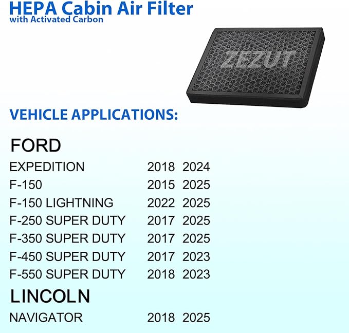 Cabin Air Filter CF12150 for 2015-2024 Ford F150, 2017-2023 F250 F350 F450 F550 Super Duty, 2018-2024 Lincoln Navigator and Expedition, Activated Carbon Beads and Honeycomb Structured