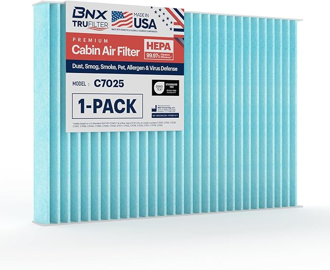 BNX TruFilter C7025 Cabin Air Filter, HEPA 99.97%, MADE IN USA, Compatible With Audi: A4, A4 Quattro, RS4, S4