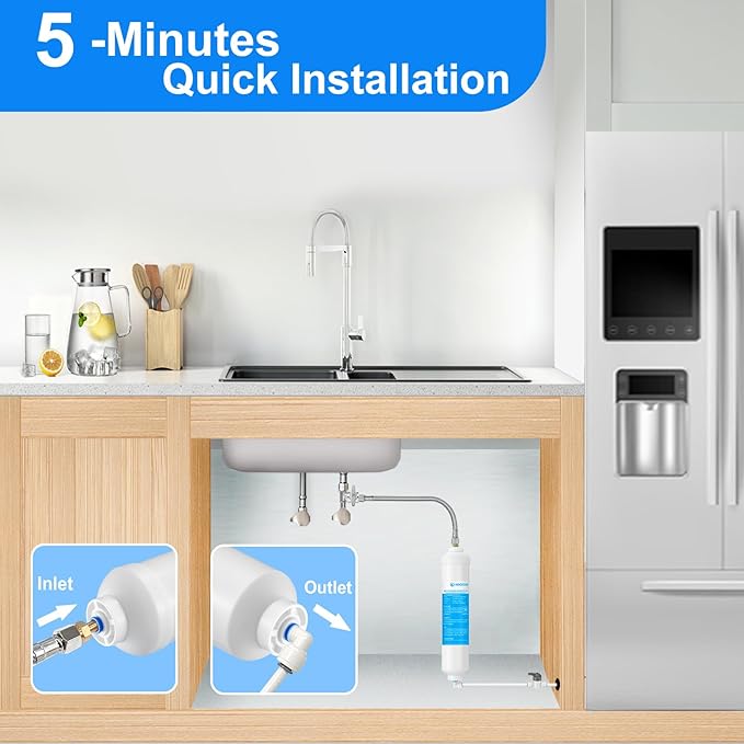 HAOCHEN Inline Water Filter for Ice Maker and Refrigerator,Include 1/4" Water Line and Push to Connect Fittings,Ideal for Ice Maker, Refrigerator, RO(Reverse Osmosis) System
