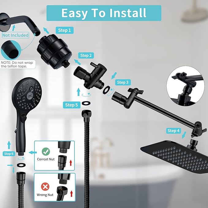 8'' Dual 20 Stage Filtered Shower Head with Handheld, 6 Spray Settings Handheld Shower Head High Pressure Rainfall Filter Combo with 12'' Adjustable Extension Arm, 71'' Shower Hose (Matte Black)