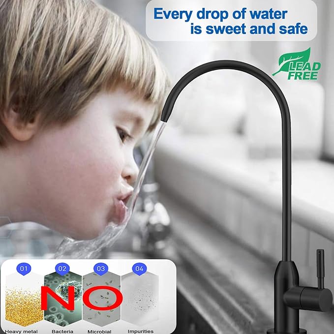 Drinking Water Faucet - Long Thread Stem Filtered Water Tap for Thick Countertop,Lead-Free RO Faucet with Hose and Push Connect Fittings(Matte Black)