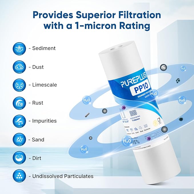 PUREPLUS 1 Micron 10" x 2.5" Whole House Sediment Home Water Filter Cartridge Replacement for Any 10 inch RO Unit, Culligan P5, Aqua-Pure AP110, Dupont WFPFC5002, CFS10, WHKF-G05, 6Pack