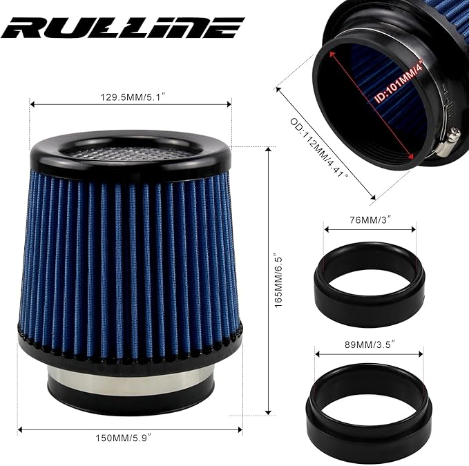RULLINE 76mm 89mm 102mm Air Filter 3" 3.5" 4" Cold Air Intake Universal Clamp-On Air Filter Three Different Size High Flow Round Tapered Cone Cool Cleaner Blue