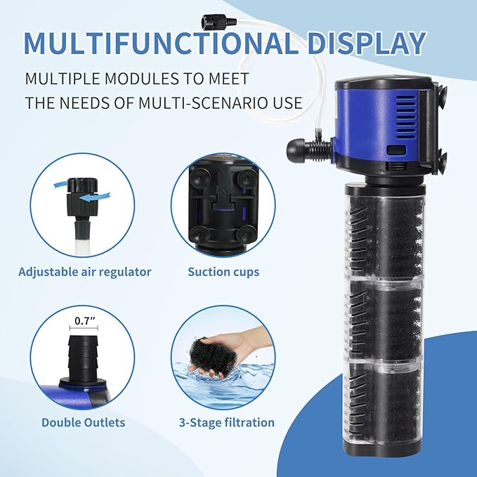 TARARIUM Aquarium Filter Pond Pump 660GPH for 75-300 Gallon Fish Tank, 8ft. High Lift Dry Burning Protection Biochemical Submersible Internal Powerful Pump 4 in 1, Saltwater Freshwater Large