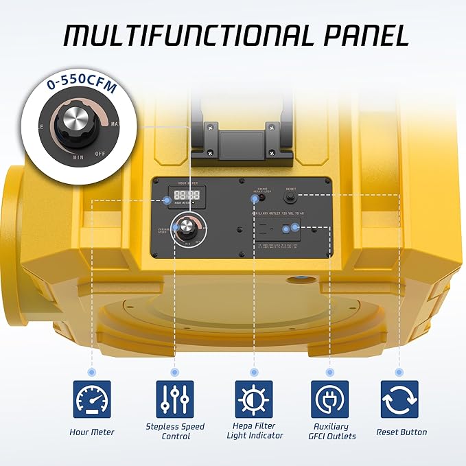 Hepa Air Scrubber Commercial Air Purifier with 3-Stage Filtration Negative Air Machine Industrial Air Purifier for Heavy Duty, 550CFM