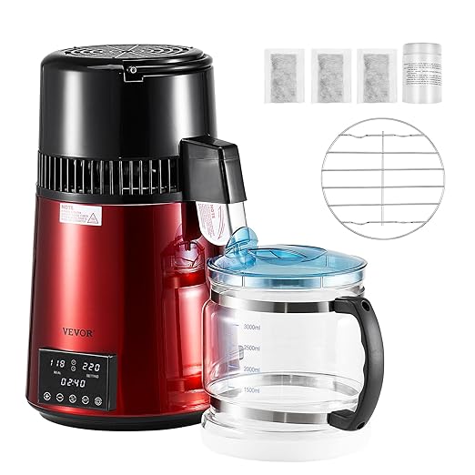VEVOR Water Distiller, 4L 1.1 Gallon Pure Water Purifier Filter for Home Table Countertop, 1750W Distilled Maker with Glass Pot, Stainless Steel Interior Drinking Machine to Make Clean Waters, Red