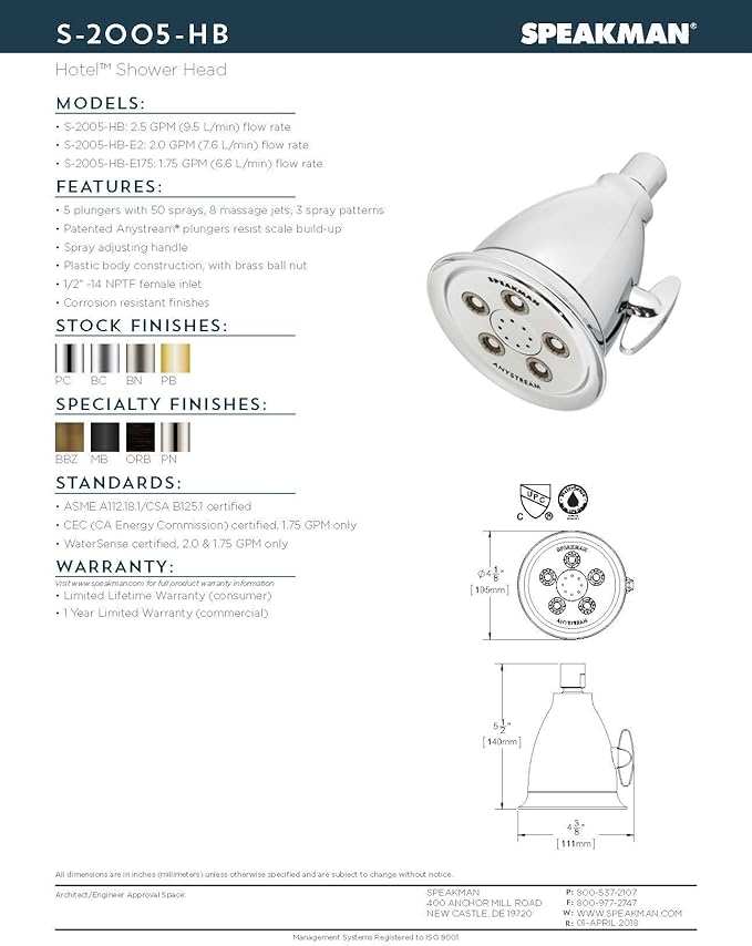 Speakman, Polished Chrome S-2005-HB-E2 Hotel Anystream 2.0 GPM Adjustable Shower Head