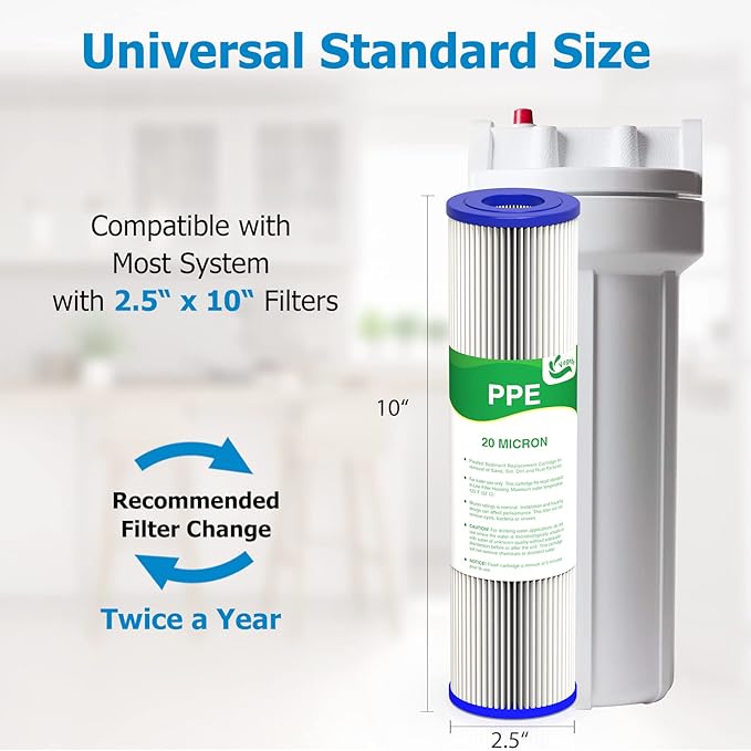 20 Micron Water Filter 10" x 2.5", 10-inch Whole House Sediment Pre-Filters for Well & Tap water, Replacement Cartridge for FXWPC, EQ-PFC35, ECP5-10, S1, 3WH-STDPL-F02, SPC-25-1005, 4-Pack