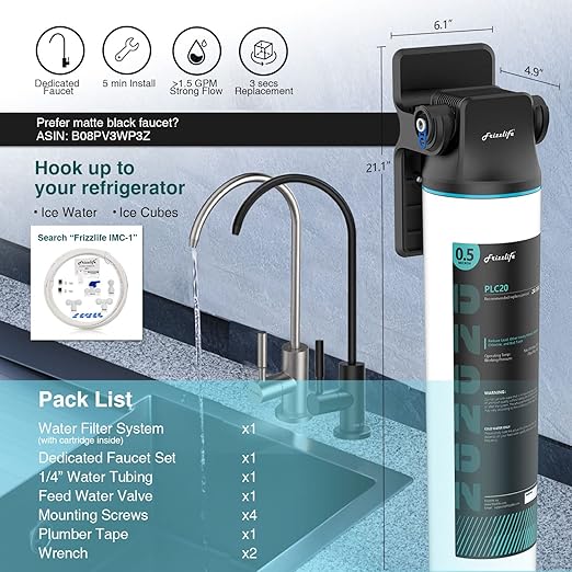 Frizzlife SW20F Under Sink Water Filter System with Brushed Nickel Faucet, NSF/ANSI 53&42 Certified, Reduces 99.99% Lead, Chlorine, Bad Taste & Odor, 3 Years High Capacity, 0.5 Micron, USA Tech