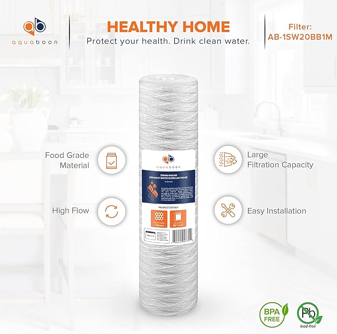 Aquaboon 1 Micron Whole House 20" x 4.5" String Wound Water Filter Replacement Cartridge for Well Water Compatible with SWC-25-2005, P5-20, 10-Pack
