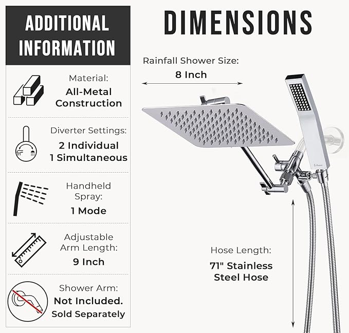 G-Promise All Metal 8 Inch Dual Square Shower Head with Handheld Spray Combo, Rain Shower Head, Adjustable Extension Arm, Smooth 3-Way Diverter, 71 Inch Extra Long Hose - A Bathroom Upgrade (Chrome)