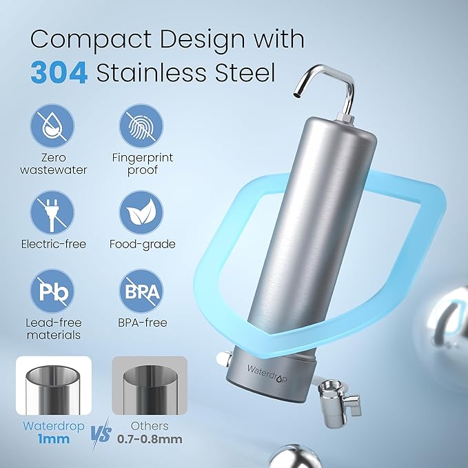 [Alkaline] Waterdrop Water Filter for Sink Faucet, NSF/ANSI 42 Certified Countertop Water Filter System, 5-Stage Stainless Steel Faucet, 8000 Gallons, Reduces 99% Chlorine, WD-CTF-03(1 Filter)