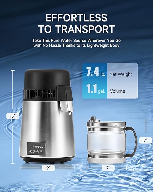 CO-Z 1.1 Gallon Water Distiller, 4L Countertop Distilled Water Machine with Timer Reservation and Glass Pot, 750W 304 Stainless Steel Distilled Water Maker for Home Office Drinking Water Purification