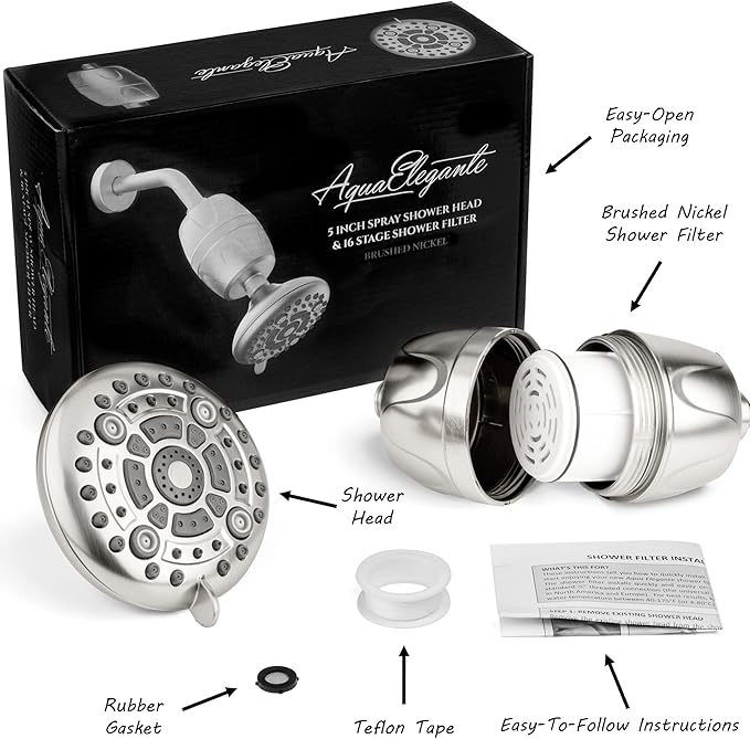 Aqua Elegante High Pressure Shower Head & Filter - Adjustable Water Saving Showerhead With Best Bath Filters To Remove Chlorine + Hard Minerals, 1.8 GPM - Brushed Nickel & California Certified