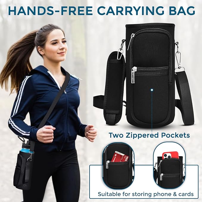 Travel Water Bottle with Carrying Bag, 3 Lids (Spout, Straw, Handle), and Bottle Brush; Leak Proof, Quality, Vacuum Insulated, Stainless Steel (Black, 40 oz)