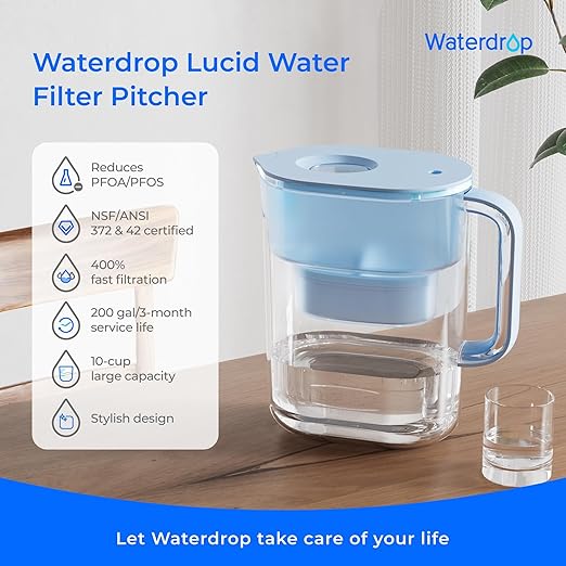 Waterdrop Water Filter Pitcher with 1 Filter, 200-Gallon Long-Life, 10-Cup Large Water Filter Pitcher, NSF Certified, 5X Times Lifetime, Reduces PFOA/PFOS, Chlorine, Blue