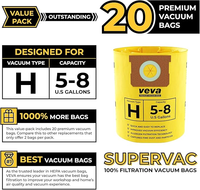 20 Pack, 5-8 Gallon Filter Bags for Shop Vac Vacuum - Type H 90671 - High-Efficiency Vacuum Bags