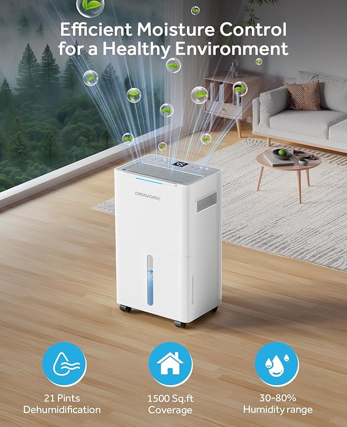 1500 Sq.ft Dehumidifier for Basement, MAX 21 Pints Dehumidifiers for Home with Drain Hose, Smart Humidity Control, 3 Modes for Bedroom and Bathroom, Dry Clothes, 24H Timer (White and Gray)