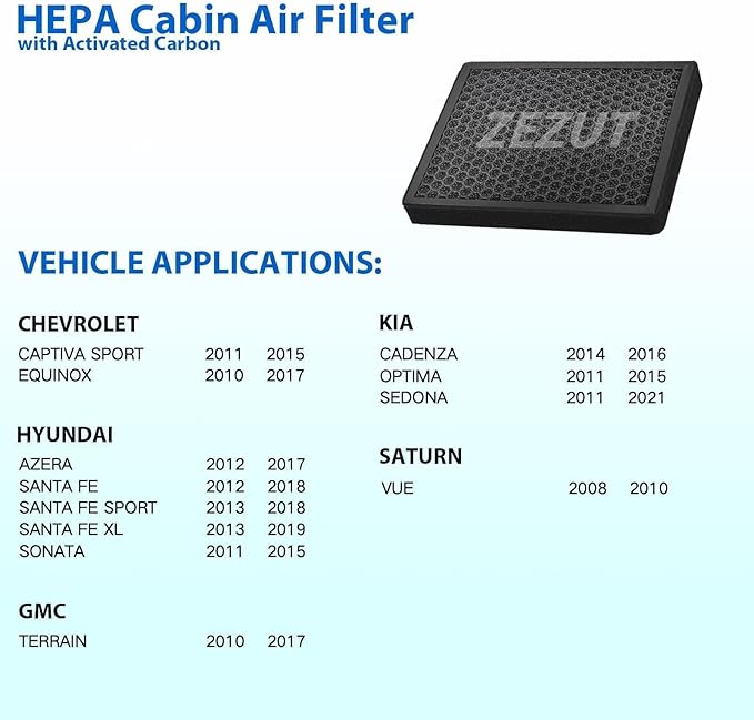 CF11819 Cabin Air Filter Fits Chevy Captiva Sport, Equinox, Terrain, GMC Terrain, Hyundai Azera, Santa Fe, Sonata, Kia Cadenza, Optima, Sedona, Saturn Captiva Sport, Activated Carbon Beads