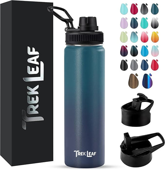 Travel Water Bottle with 3 Lids (Spout, Straw, Flip) Leak Proof, Quality, Vacuum Insulated, Stainless Steel (Deep Water, 22 oz)