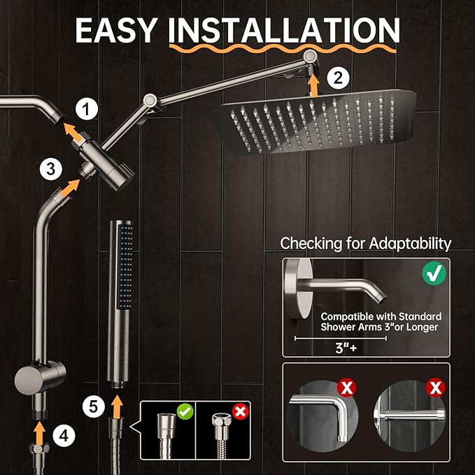 Veken 10" Luxurious Brushed Nickel All Metal Rain Shower Head with Handheld Spray Combo, High Pressure Rainfall Square Shower Heads with Extension Arm, Wide Dual Showerhead, Bathroom Accessories