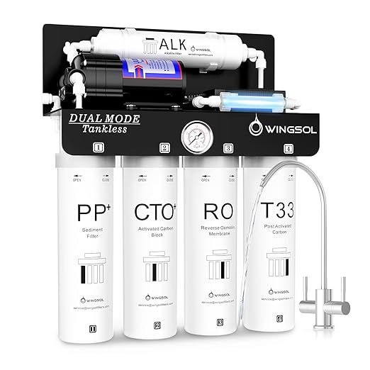 WINGSOL Dual Outlet Reverse Osmosis Water Filter, Mineral Alkaline UV 0 TDS Tankless RO System, Remineralize pH+ 12-Layer Filtration Under Sink, NSF/ANSI 42&53&58 Certified, Plug-in Required