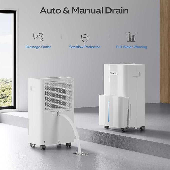 1600 Sq.ft Dehumidifiers for Home, Glowells 21 Pints Dehumidifier with Drain Hose for Basement, Smart Humidity Control Moisture Removal, 3 Operation Modes for RV, Bathroom, Bedroom