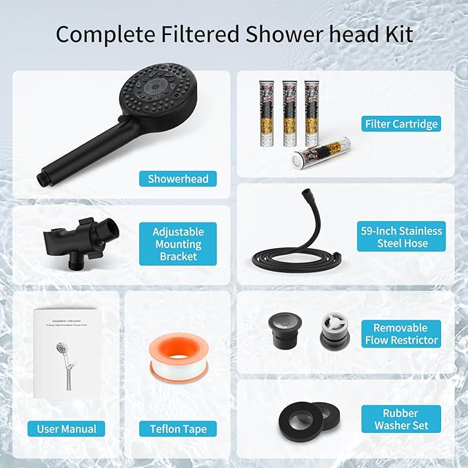 Filtered Shower Head with Handheld, 9 Spray Mode High Pressure Shower Head with 4 Filters, Hard Water Filter Showerhead - Remove Chlorine, Matte Black
