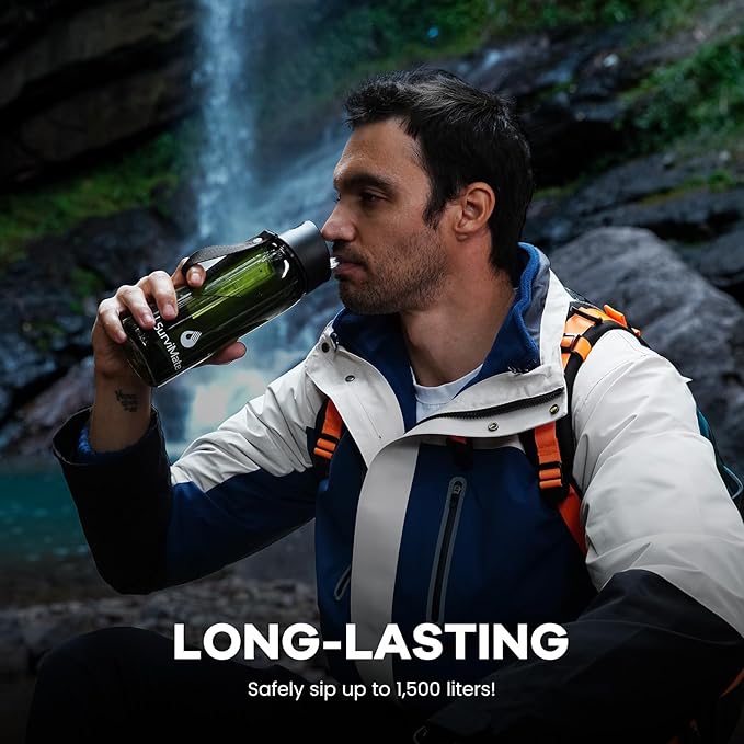 Survimate 5-Stage 0.01μm Ultra-Filtration Filtered Water Bottle, BPA-Free Material, NSF/ANSI 42&372 Certified, Portable Water Filter Bottle for Survival, Camping, Hiking, and Emergency Use