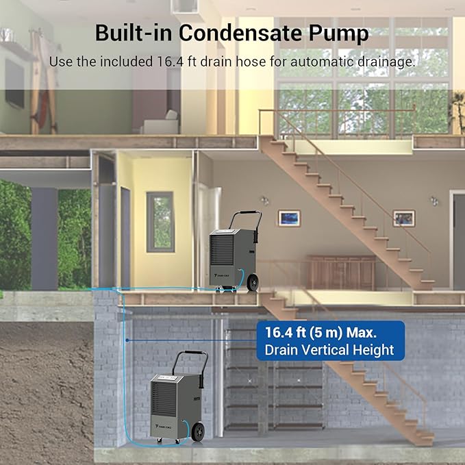 Traver Force Commercial Dehumidifier, 170 Pint Large Dehumidifier with Pump Drain Hose, Up to 7,500 sq. ft, for Crawl Space, Basement, Warehouse, Water Damage Restoration, Job Sites