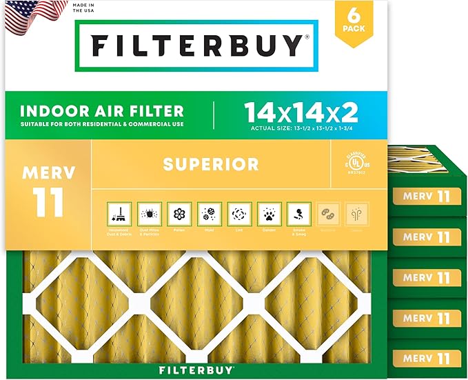 Filterbuy 14x14x2 Air Filter MERV 11 (MPR 1200) Allergen Defense Replacement (6-Pack), Electrostatic Pleated HVAC AC Furnace Filters, Made in USA (Actual Size: 13.50 x 13.50 x 1.75)