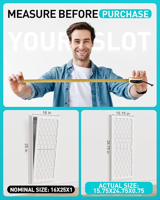 16x25x1 Refillable Air Filter Kit, MERV 8, 1 Reusable Foldable Frame ＆ 6 Refills, Fits Most AC HVAC Furnace Devices, Actual Size 15.75x24.75x0.75in