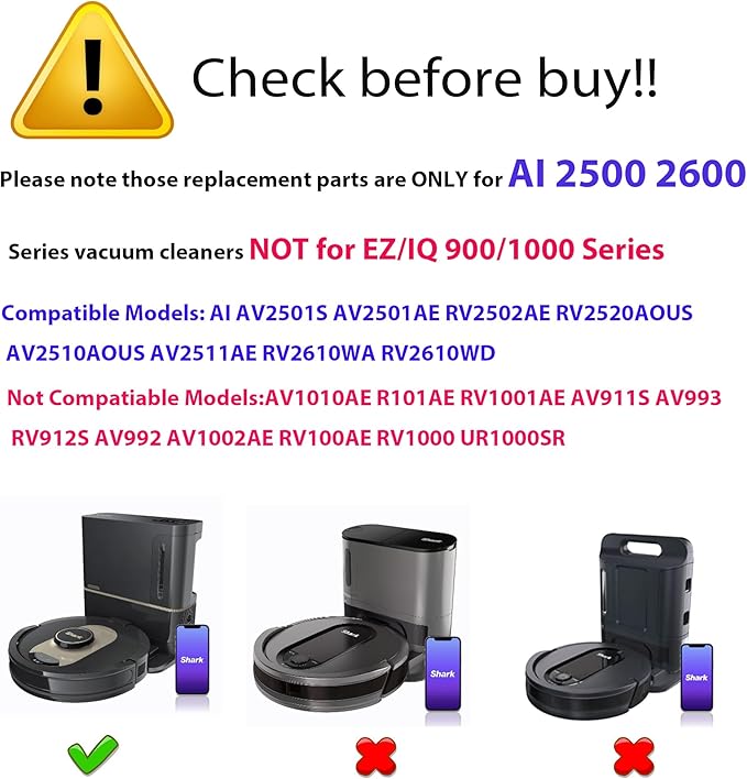 Replacement Parts for Shark AI AV2511AE AV2501S AV2610WA AV2501AE RV2502AE RV2610WA UR2500SR RV2520 AV2510 Accessories Kit with Main Roller Brush Filters Foam/Primary Filter Sweep Side Brushes