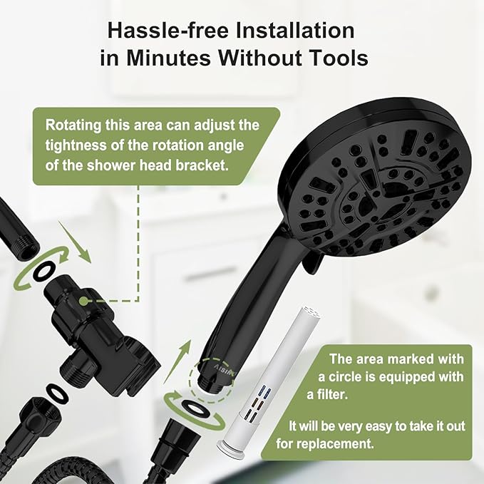 Filtered Shower Head with handheld, 10 Functions High Pressure showerhead with 79"Stainless Steel Shower Hose, Built-in 2 Power Wash, Replaceable Filter Design to Improve Water Quality (Matte Black)