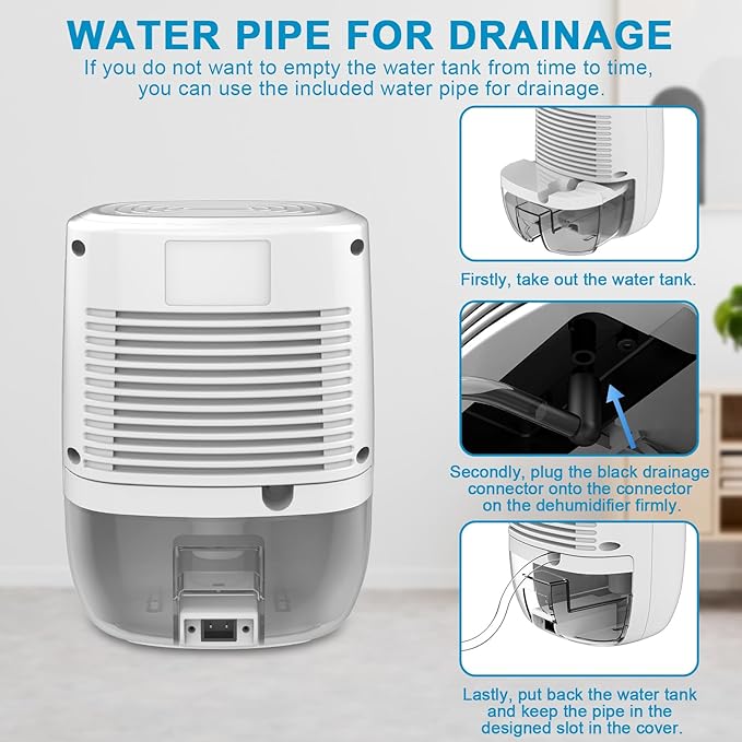Dehumidifier with Drain Hose. Litever Small Portable Dehumidifier. Auto-OFF. Drain Hose for Continuous Drainage. Effective for Small Bathroom Pantry Closet Basement Wardrobe Gun safe RV Trailer Camper