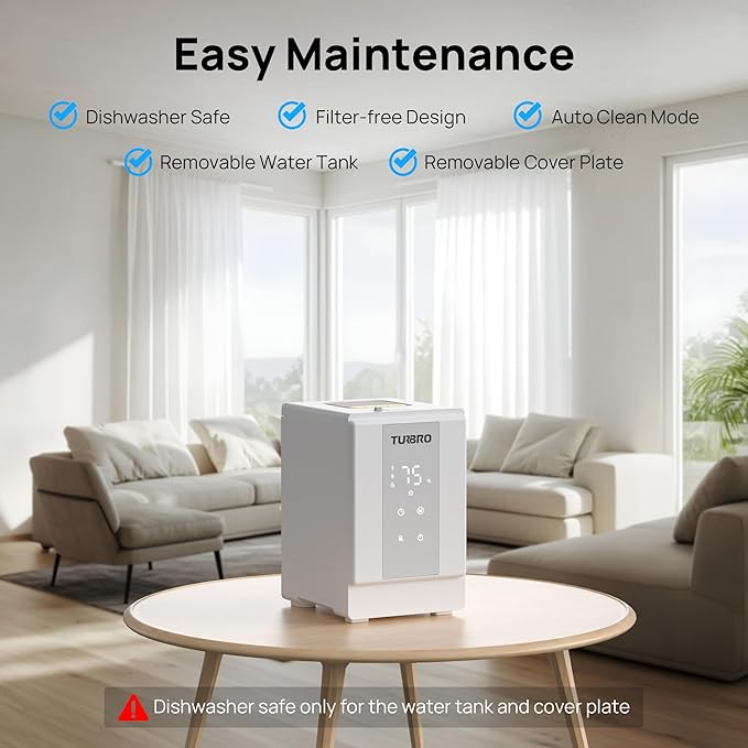 TURBRO 4L/1Gal 304 Stainless Steel Steam Humidifier Warm Mist Humidifier for Bedroom Baby Nursery, 500 mL/h Output, Dishwasher Safe, Easy to Clean, 2 Misting Levels with Sleep Mode, 1-12h Timer, GLS04