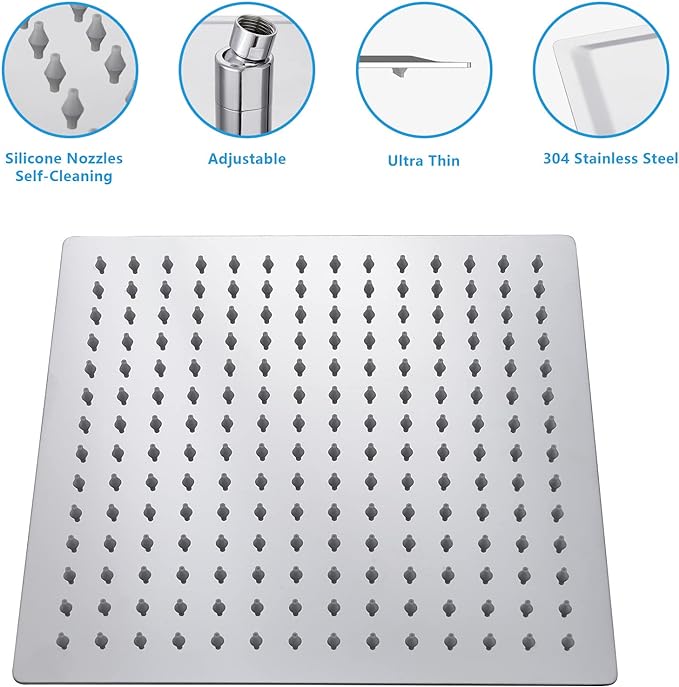 Lordear 12 Inch Square Shower Head Polish Chrome Solid Ultra Thin 304 Stainless Steel Rain Setting Shower Heads,Waterfall Full Body Coverage with 144 Silicone Nozzles