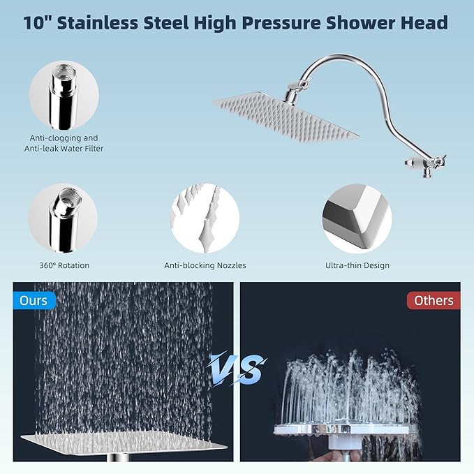 Hibbent All Metal Shower Head, 10'' High Pressure Rainfall Shower Head/Handheld Showerhead Combo with 12'' Adjustable Curve Shower Extension Arm, 10 Sprays, 71'' Shower Hose, Showerhead Holder, Chrome