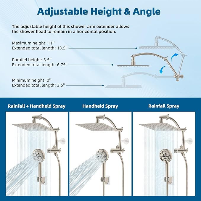 Hibbent All Metal Shower Head, 8'' High Pressure Rain Shower Head/Handheld Showerhead Combo with 16'' Adjustable Arc-shaped Extension Arm, 10 Sprays, 71'' Hose, Showerhead Holder, Brushed Nickel