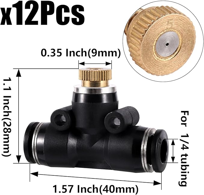 12 Pack Brass Misting Nozzles Outdoor Cooling System with 12 Heavy Duty Misting Nozzle,12 Tees,2 Brass Plugs,2 Black Plugs for Outdoor Cooling system