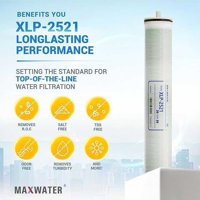 Max Water 2521 Extreme Low Pressure RO Membrane Element-XLP-2521 :300GPD size 2.5" x 21" good for Industrial, Agricultural, Whole House & more