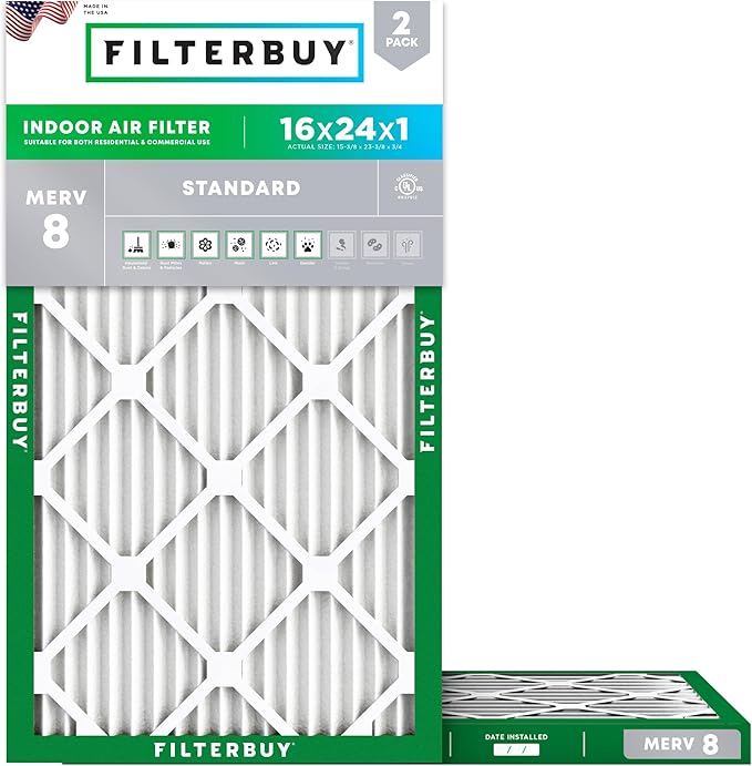 Filterbuy 16x24x1 Air Filter MERV 8 (MPR 700) Dust Defense Replacement (2-Pack), Electrostatic Pleated HVAC AC Furnace Filters, Made in USA (Actual Size: 15.38 x 23.38 x 0.75)
