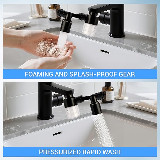 1080° Swivel Faucet-Extender Sink-Aerator - 2 Mode Splash Water Filter Extension, Kitchen Bathroom 360° Rotatable Spray Attachment, Multifunctional Universal Robotic Arm -Wash Hand/Hair/Face (Black)